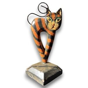 Whimsical Striped Cat Wood Hand Painted Indonesia Photo Card Holder 6.5‎ Inches